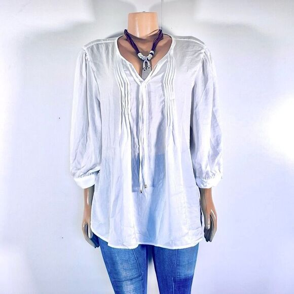 NWT Gorgeous NY Collection 2X White Satin 3/4 Sleeve Peasant Pleated Tie Tunic - Picture 1 of 11